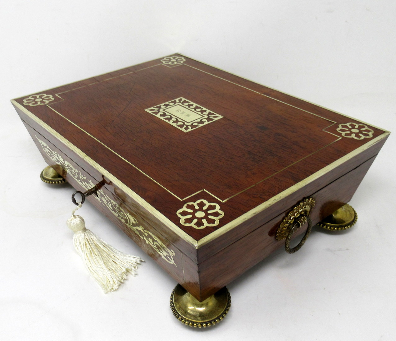 592 Sold Antique English Regency Brass Inlaid Mahogany Jewellery Trinket Box Casket 19 Ct - Image 4