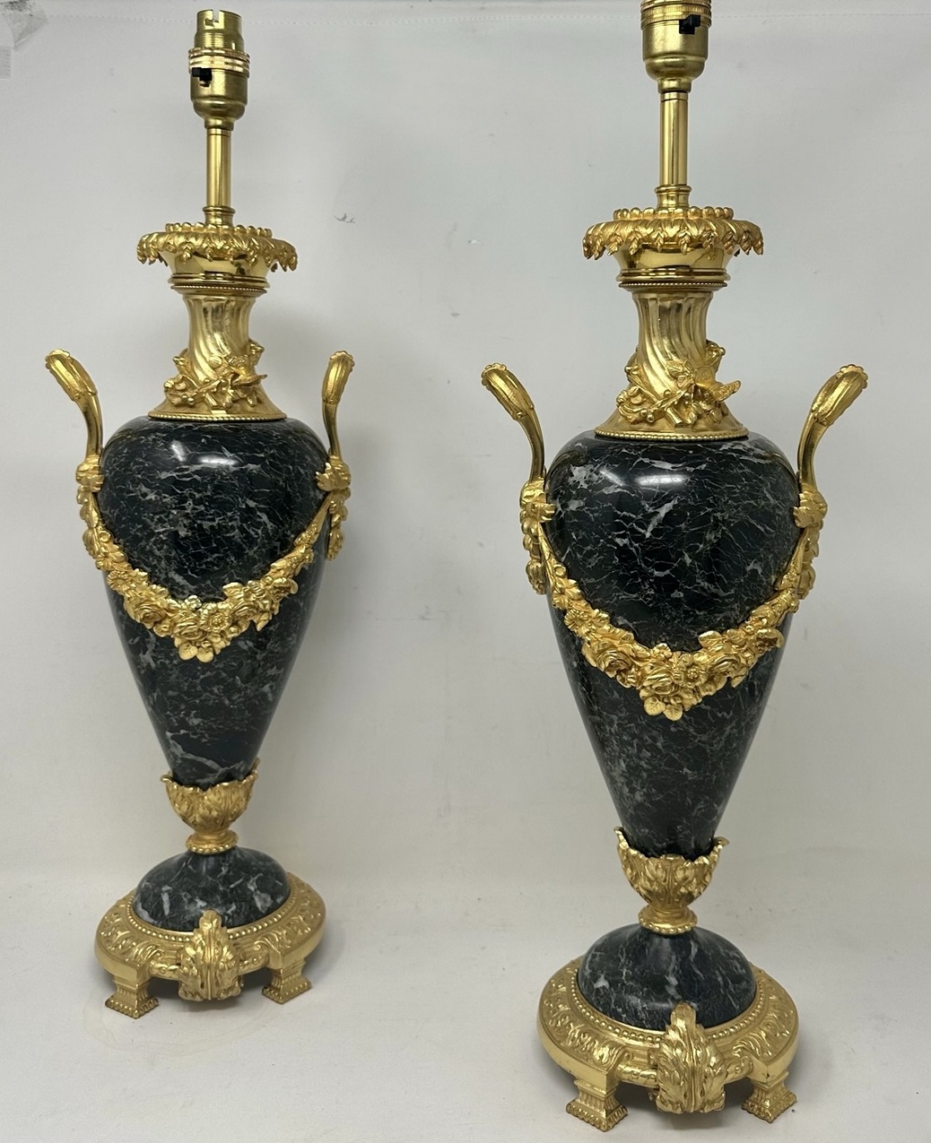 528 Sold Antique Pair French Green Verde Marble Ormolu Dore Bronze Electric Table Lamps - Image 2