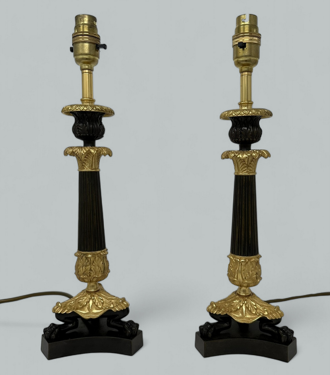 070 Sold Antique Pair French Doré Bronze Neoclassical Ormolu Gilt Candlestick Table Lamps - Image 2