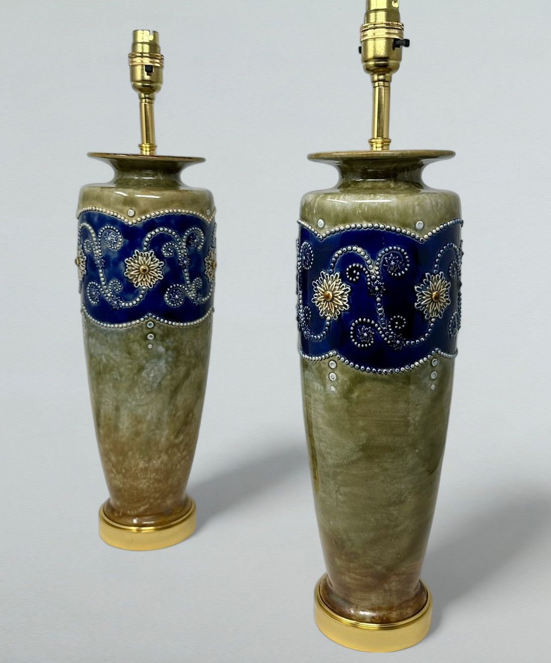 451 Sold Antique Pair Porcelain Royal Doulton Ceramic Art Nouveau Electric Table Lamps