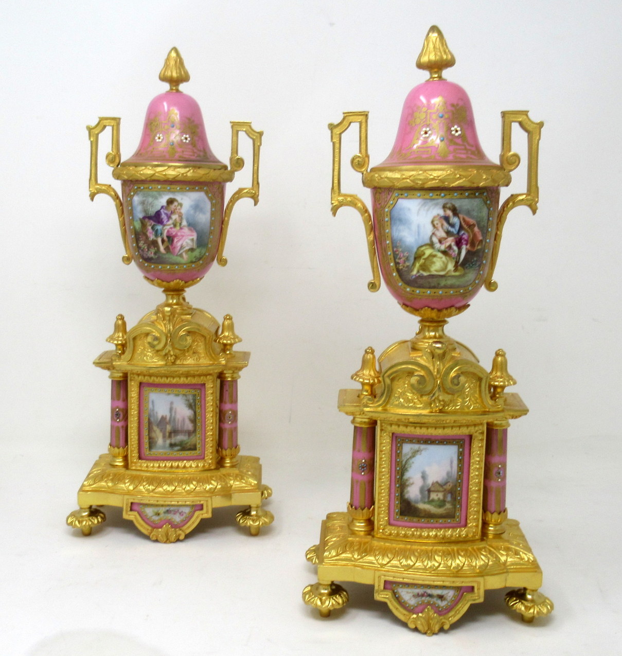 195 Sold Antique Pair of Sèvres Porcelain Watteau Scene Gilt Bronze Landscape Urns Vases - Image 2