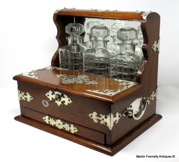 587 Sold Edwardian Oak Tantalus and Games Box - Oak - Circa 1900