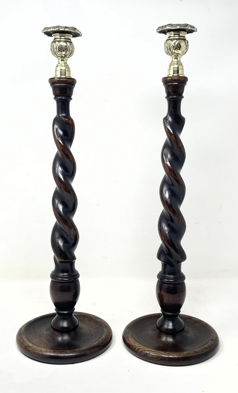 665 Large Pair - Oak and Brass Candlesticks - Circa 1890