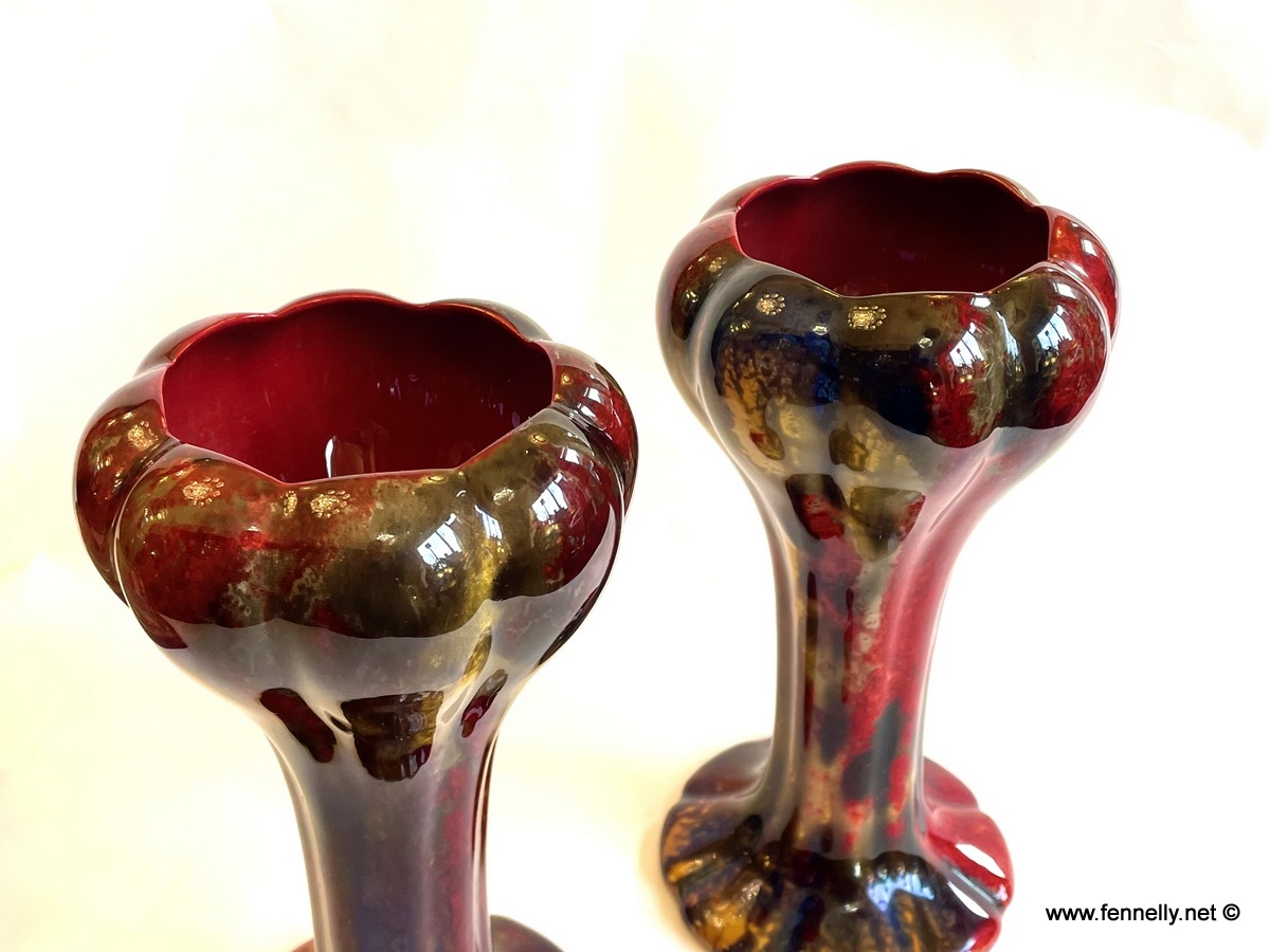 343 Sold Antique Pair English Porcelain Royal Doulton Ceramic Art Deco Flambe Vases Urns - Image 3