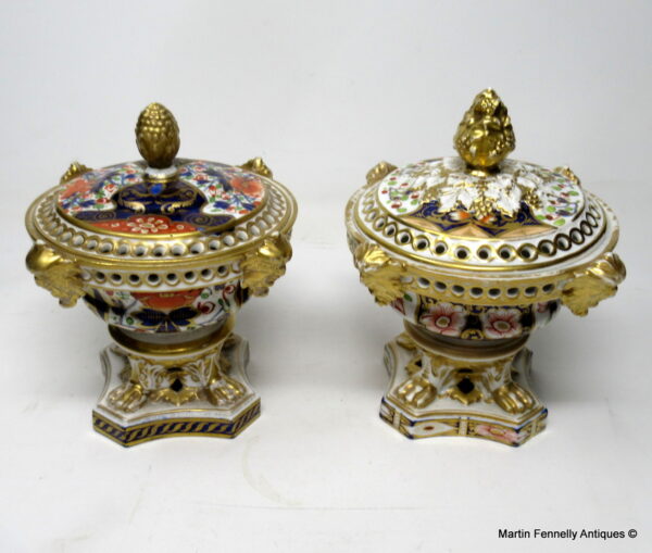 301 Rare Pair Royal Crown Derby Cobalt Gilt Potpourri Urns 1815