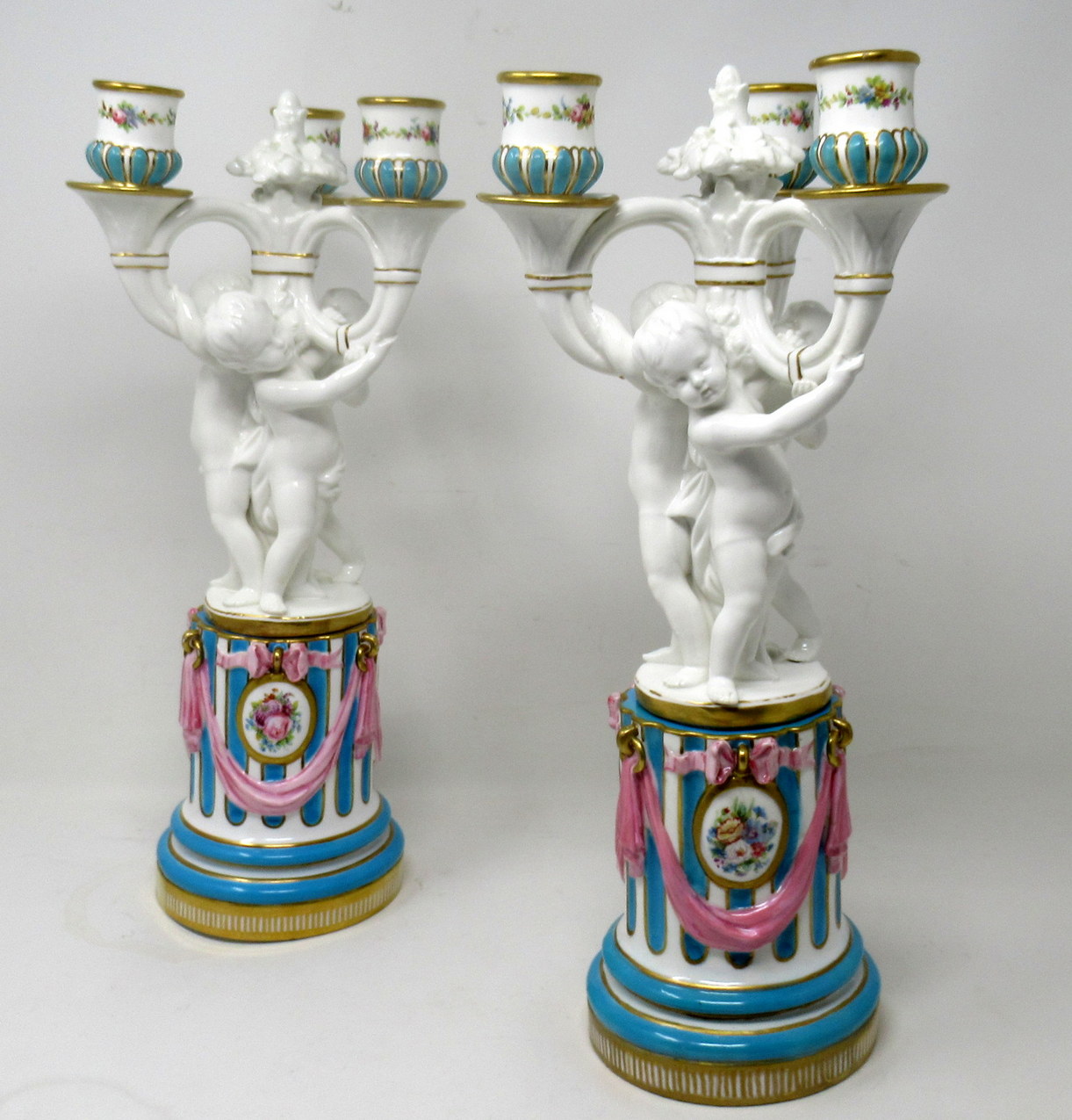 330 Antique Pair Minton Staffordshire Porcelain Candelabra Centerpieces Cherub 19C - Image 2