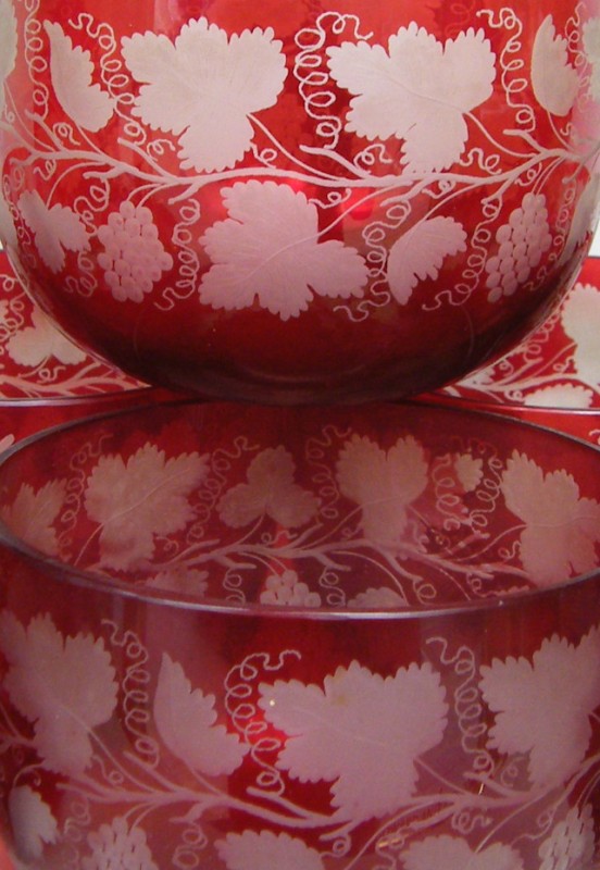 085 Set Nine Bohemian Ruby Etched Finger Bowls 19th Ct - Image 2