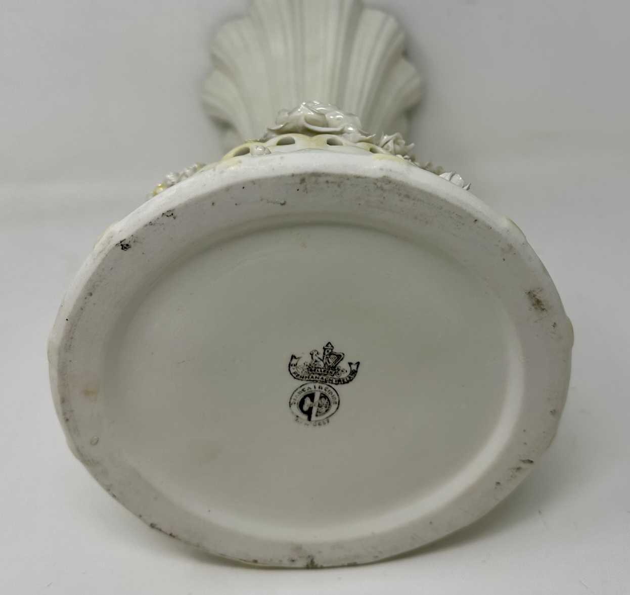 582 Sold Belleek Porcelain Pleated and Flared Trumpet formed Centerpiece Black Mark - Image 7