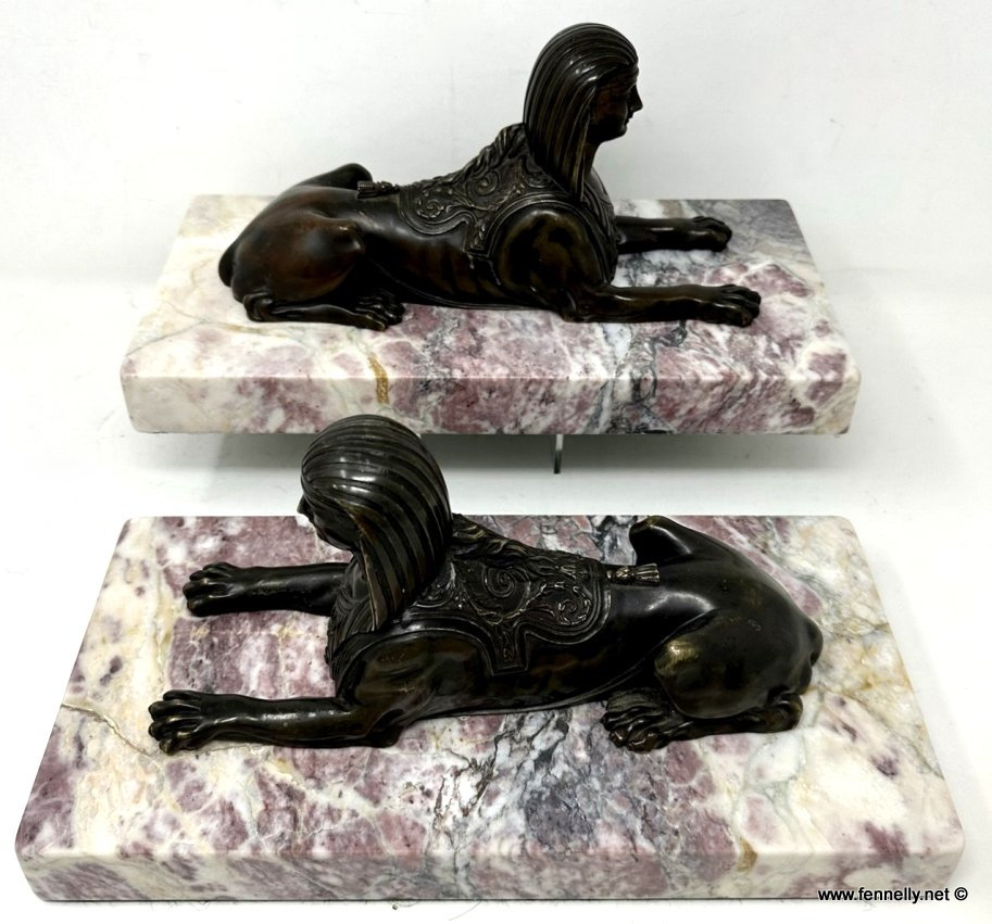 866 Sold Antique Pair Grand Tour Bronze Egyptian Sphinx Figures Breche Violet Marble 19Ct - Image 2
