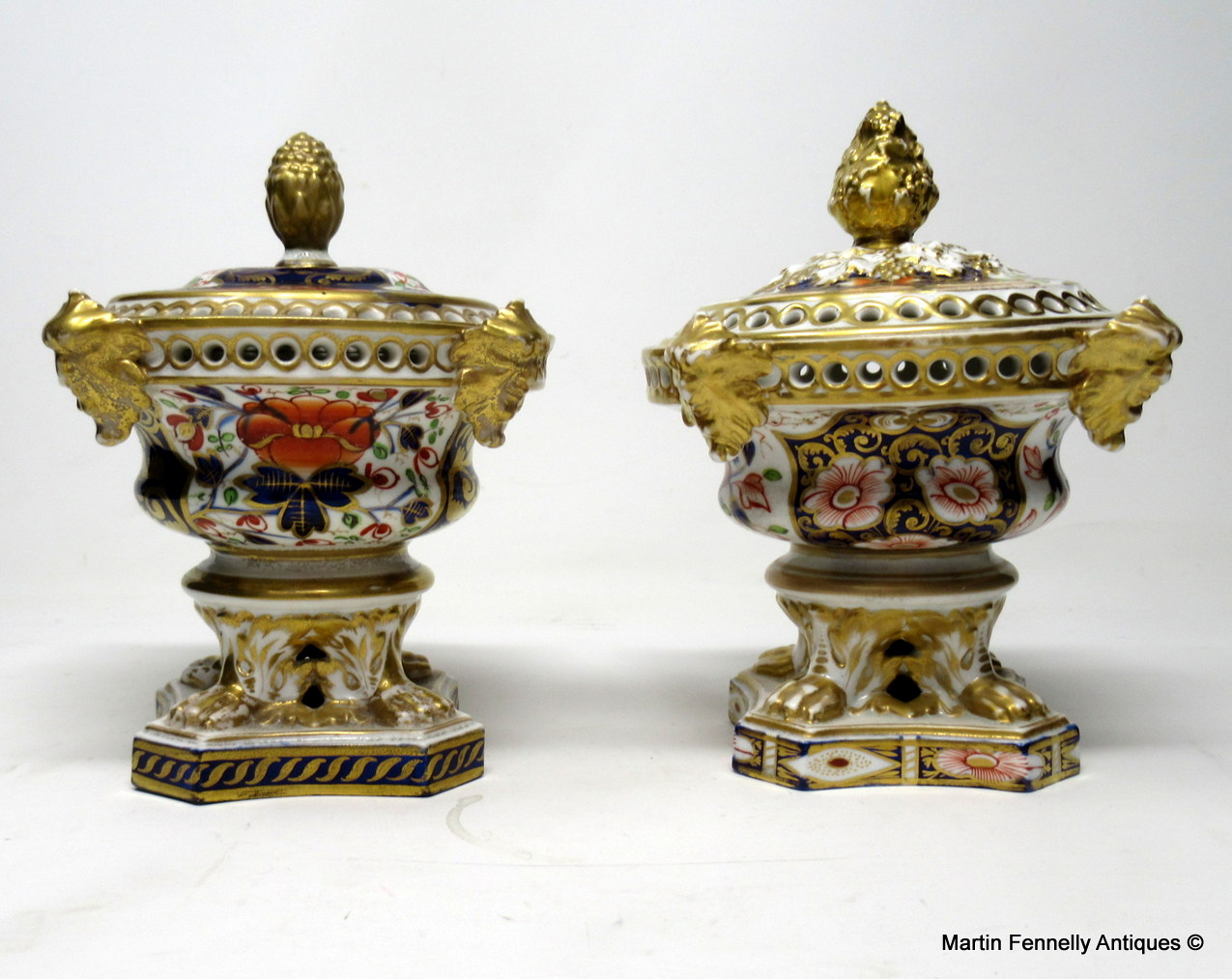 301 Rare Pair Royal Crown Derby Cobalt Gilt Potpourri Urns 1815 - Image 4