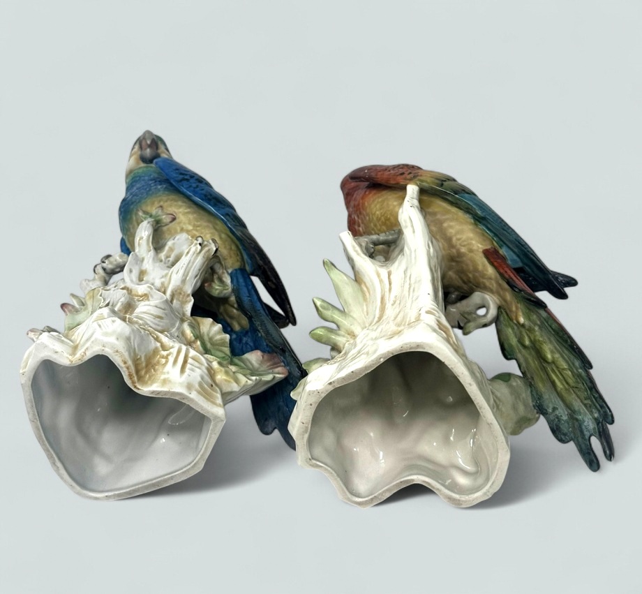 262 Sold Pair Antique German Porcelain Birds Parakeets Cockrels Cockatoos Parrots 19Ct - Image 6