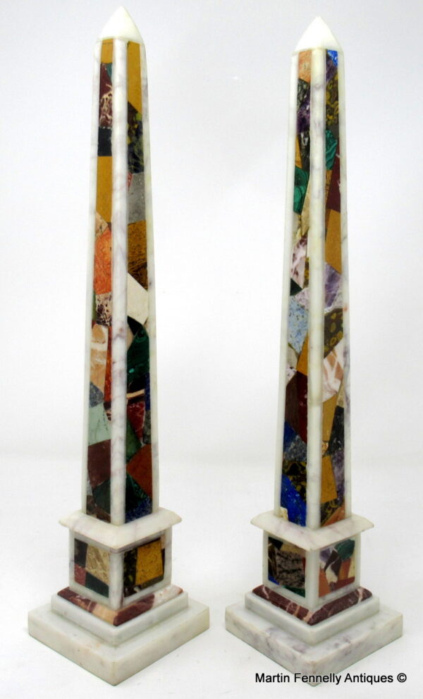 589 Sold Fine Pair Marble Obelisks inlaid Malachite Lapis Lazuli early 20thCt