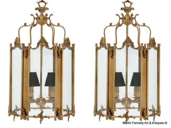 901 Sold Pair of Large Hall Lanterns - Antique Brass - Glass - Superb