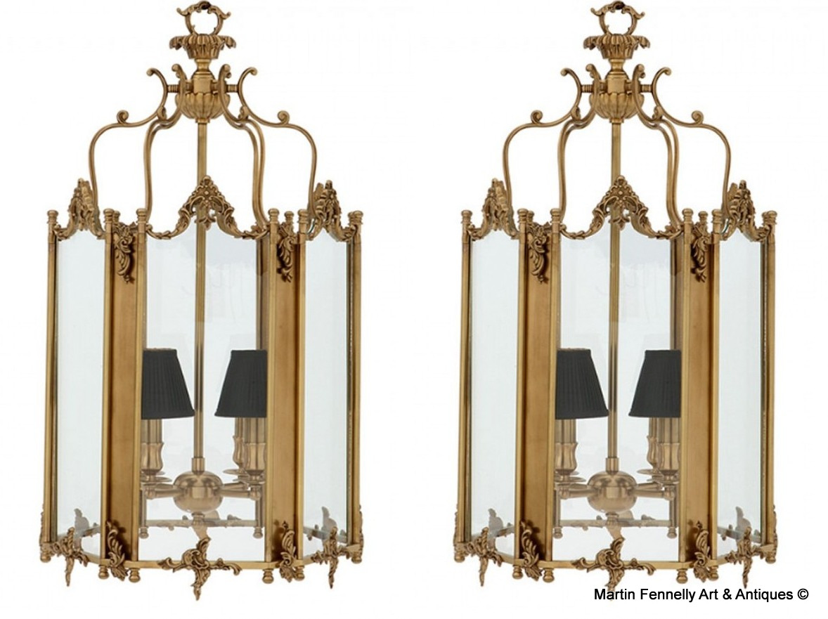 901 Sold Pair of Large Hall Lanterns - Antique Brass - Glass - Superb