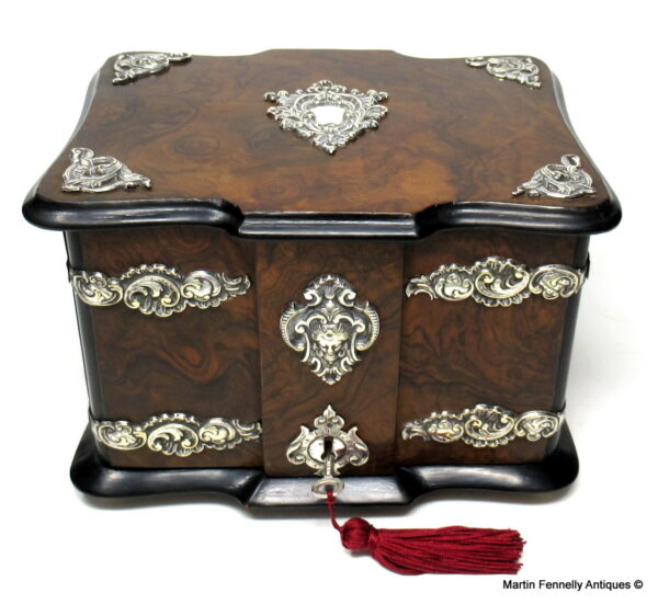 829 Sold Exceptional Silver Mounted Burr Walnut Stationery Casket 19thCt