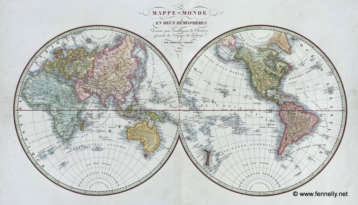 554 Mappe Monde - 1821 - Twin Hemispheres - Ambroise Tardieu - France