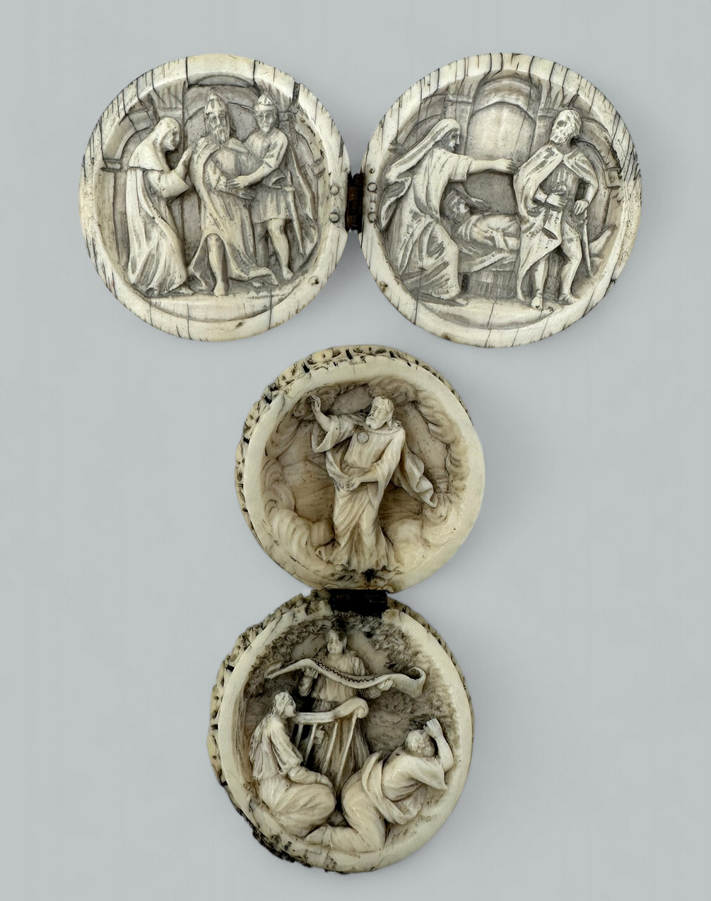 721 Sold Antique Hand Carved Grand Tour Ivory Spheres Diptych Form 19th Century