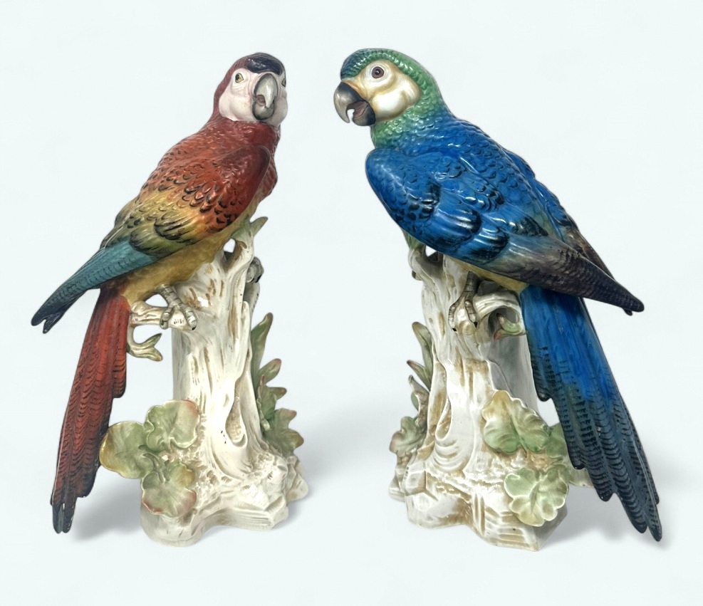 262 Sold Pair Antique German Porcelain Birds Parakeets Cockrels Cockatoos Parrots 19Ct