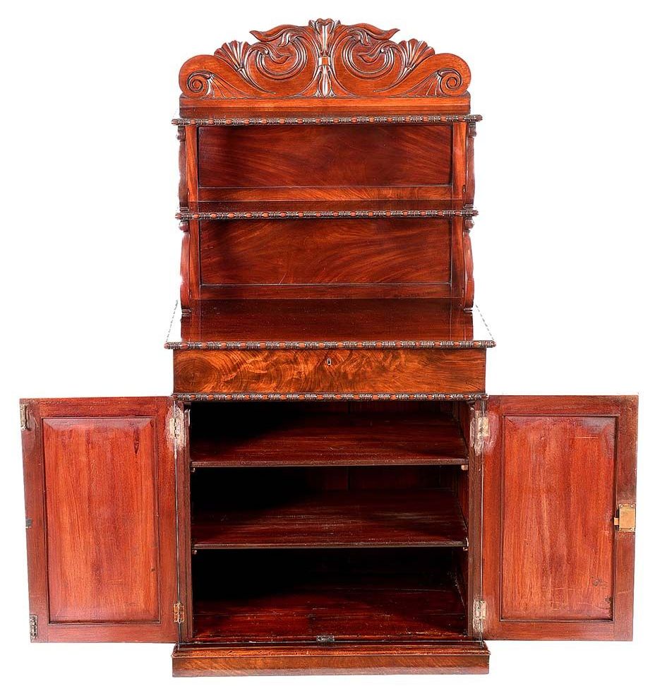 655 Flame Mahogany Twin Door English Carved Chiffonier Sidecabinet Late Regency - Image 5