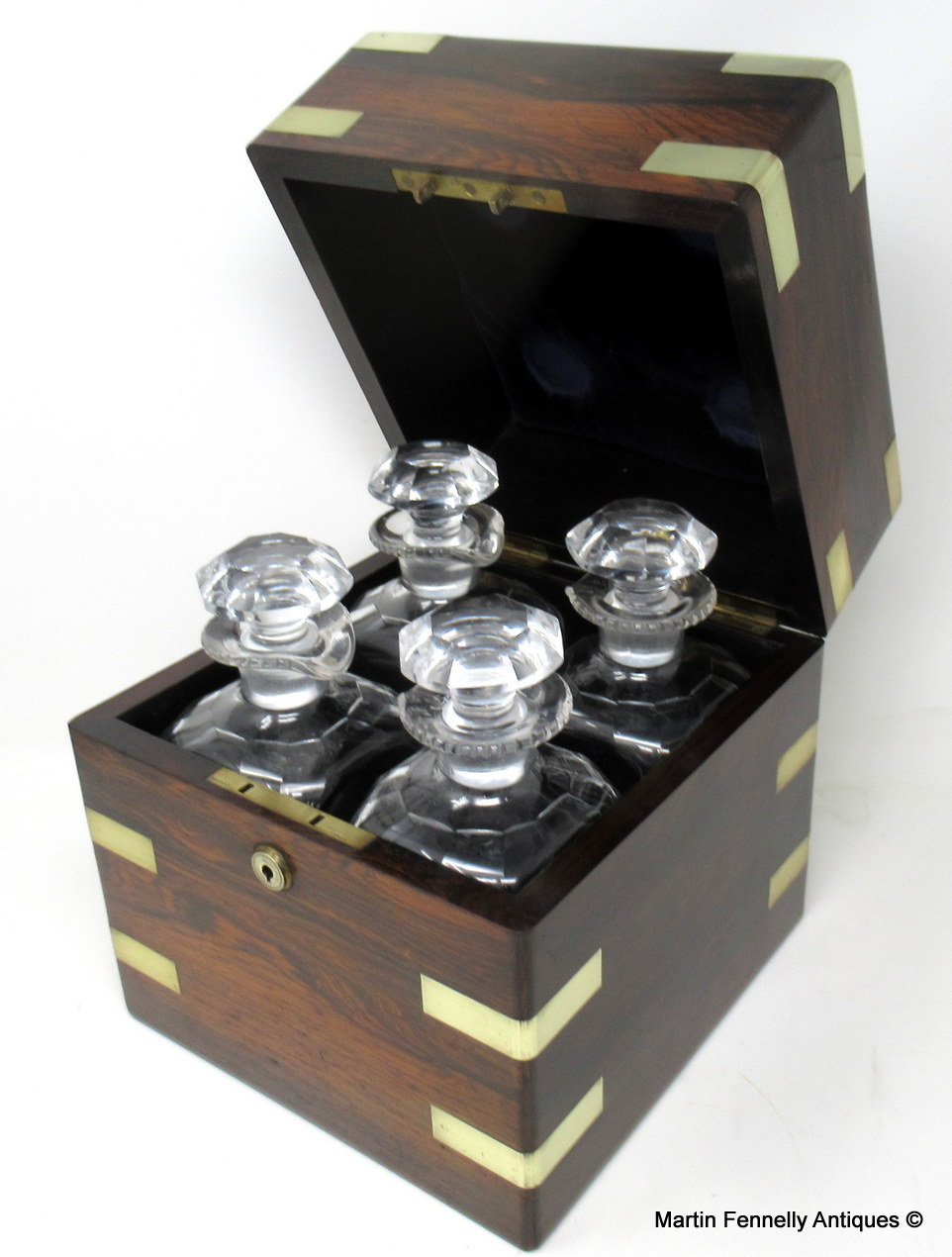 640 Sold Fine Rosewood Brass Mounted Irish Tantalus by Mansfield Dublin Ireland