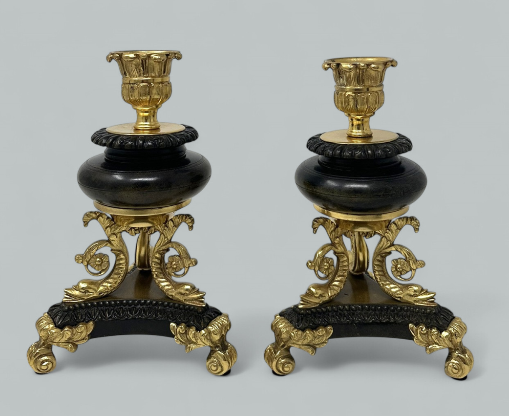 431 Sold Antique Pair French Ormolu Gilt Bronze Dore Empire Candlesticks with Dolphins - Image 3