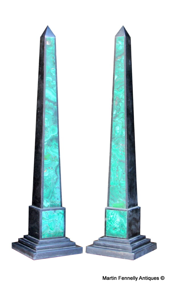 963 Pair of Black Marble and Malachite inlaid Obelisks