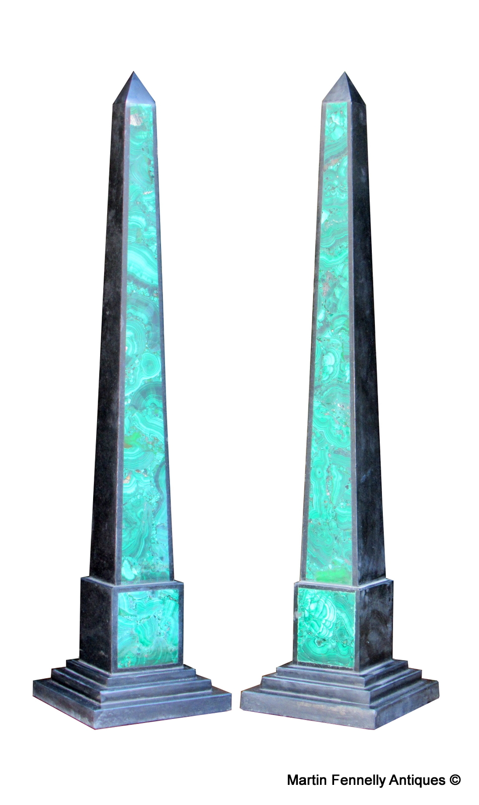963 Pair of Black Marble and Malachite inlaid Obelisks
