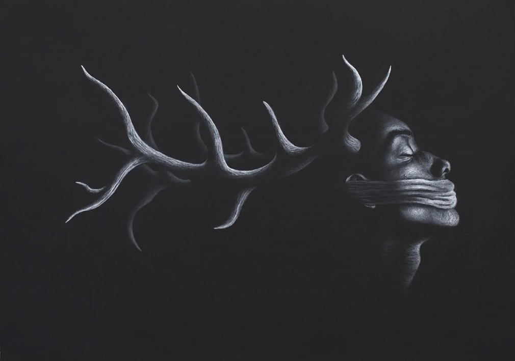 302 Sold 'Silence' White Charcoal on Black - Evan Healy